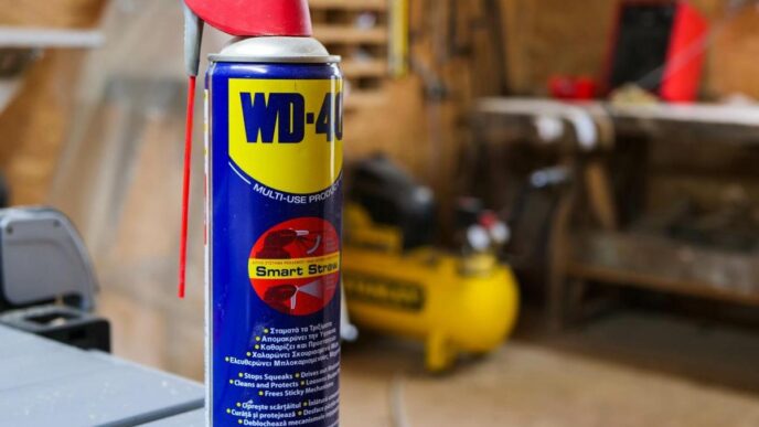 Close-up of a vintage WD-40 can, sparkling mist, surrounded by household tools.