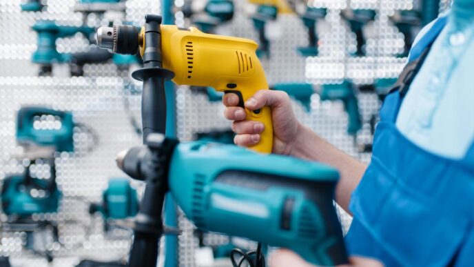 A hyperrealistic photo of top 2024 power tools on a polished workshop workbench.