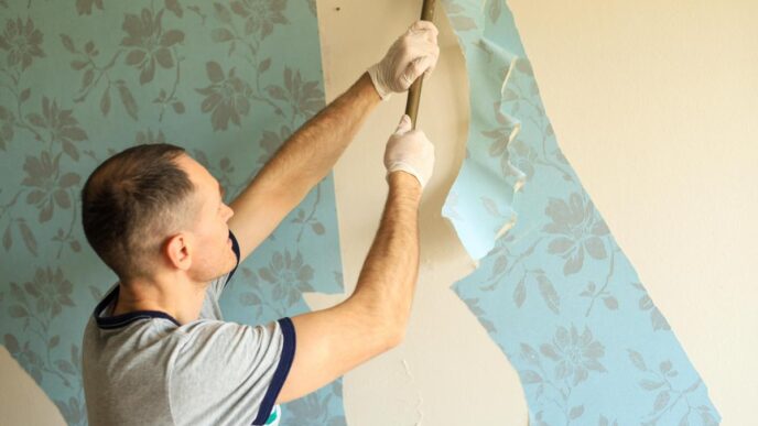 Homeowner peeling vintage wallpaper, revealing textured wall surfaces in soft, natural light.